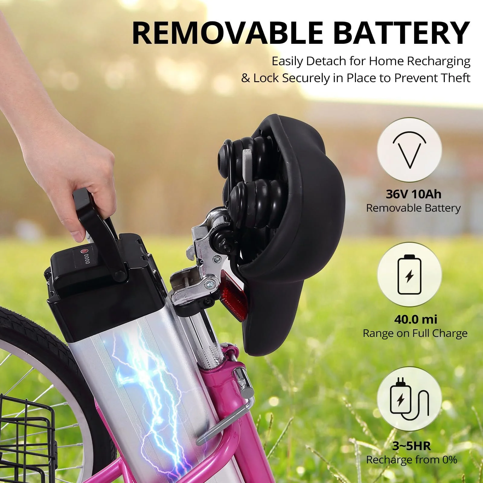 Soonbuy 24 Electric Tricycle, 7 Speeds/36V 10Ah/Large Basket, up to 330lbs , Rose Red