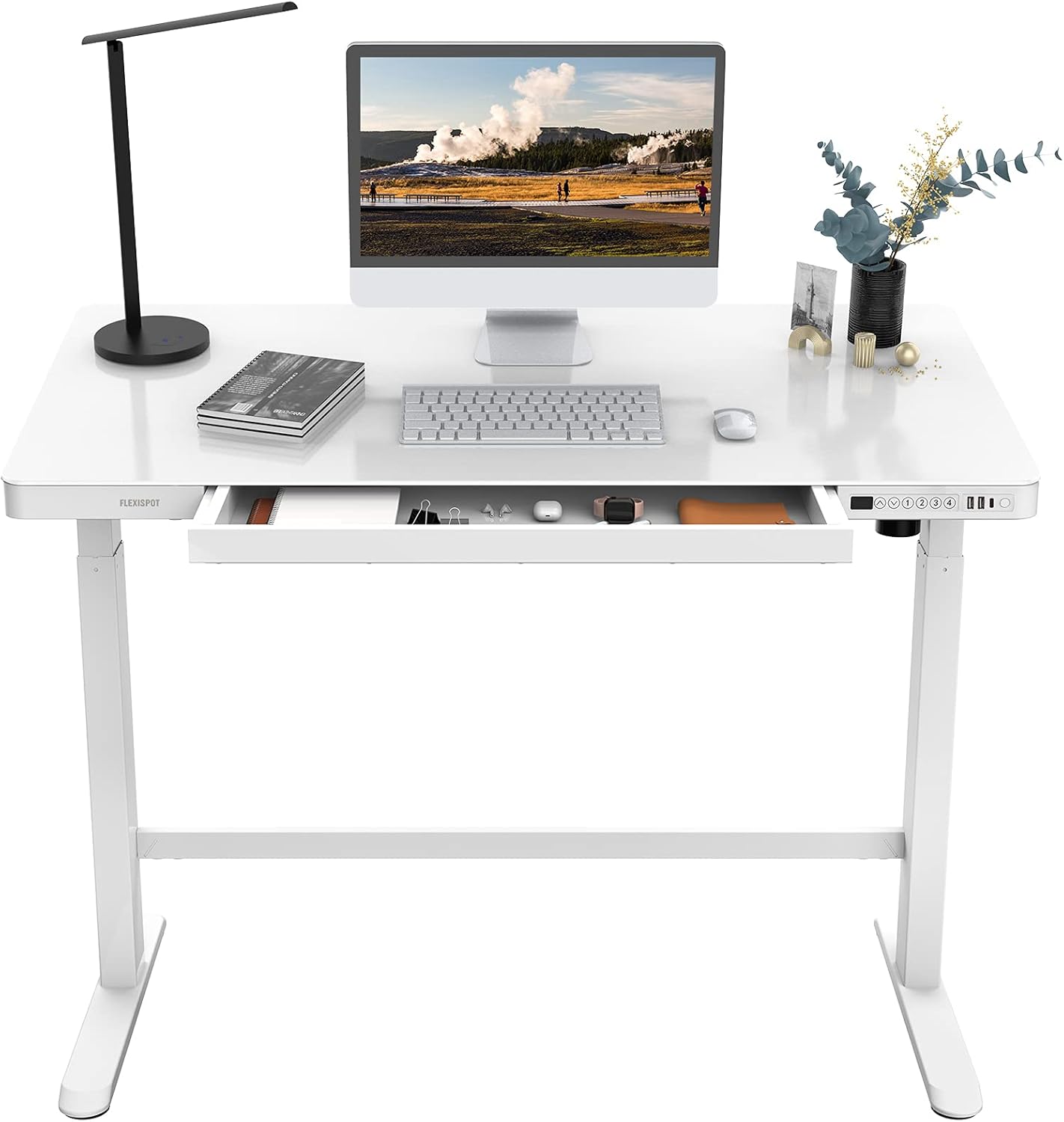 FLEXISPOT EW8 Electric Height Adjustable Standing Desk with Drawers 48 Inches Red Oak Desktop and Adjustable White Frame Quick Install Computer Workstation (USB Charging Ports, Memory Controller)