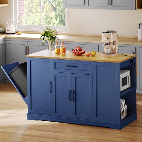 YITAHOME 50" Rolling Kitchen Island with Power Outlet & Drop Leaf, Mobile Storage Islands with Trash Can Cabinet, Microwave Rack Serving Cart on Wheels with Spice Rack, Retro White