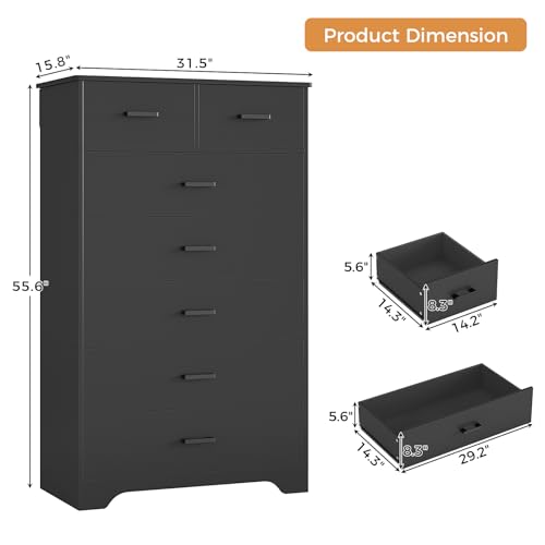 Hasuit Tall Dresser for Bedroom, White Large Chest of Drawers, 55.6'' High Dressers with 7 Drawers, Modern Wooden Vertical Storage Clothes Closet Organizer