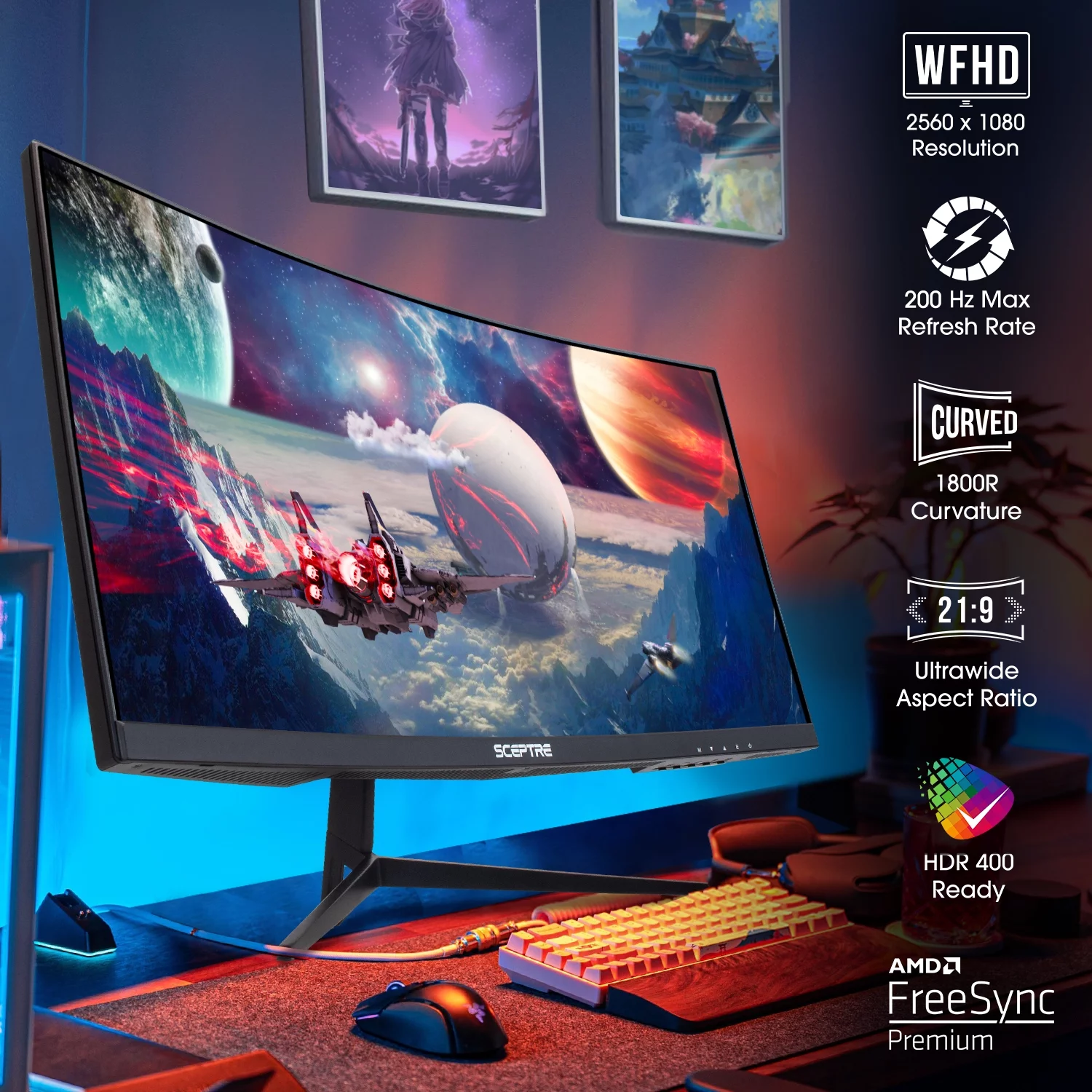 Sceptre C305B-200UN - LED monitor - curved - 30" - 2560 x 1080 UWFHD @ 200 Hz - VA - 270 cd/m - 3000:1 - 5 ms - 3xHDMI, DisplayPort - speakers - black