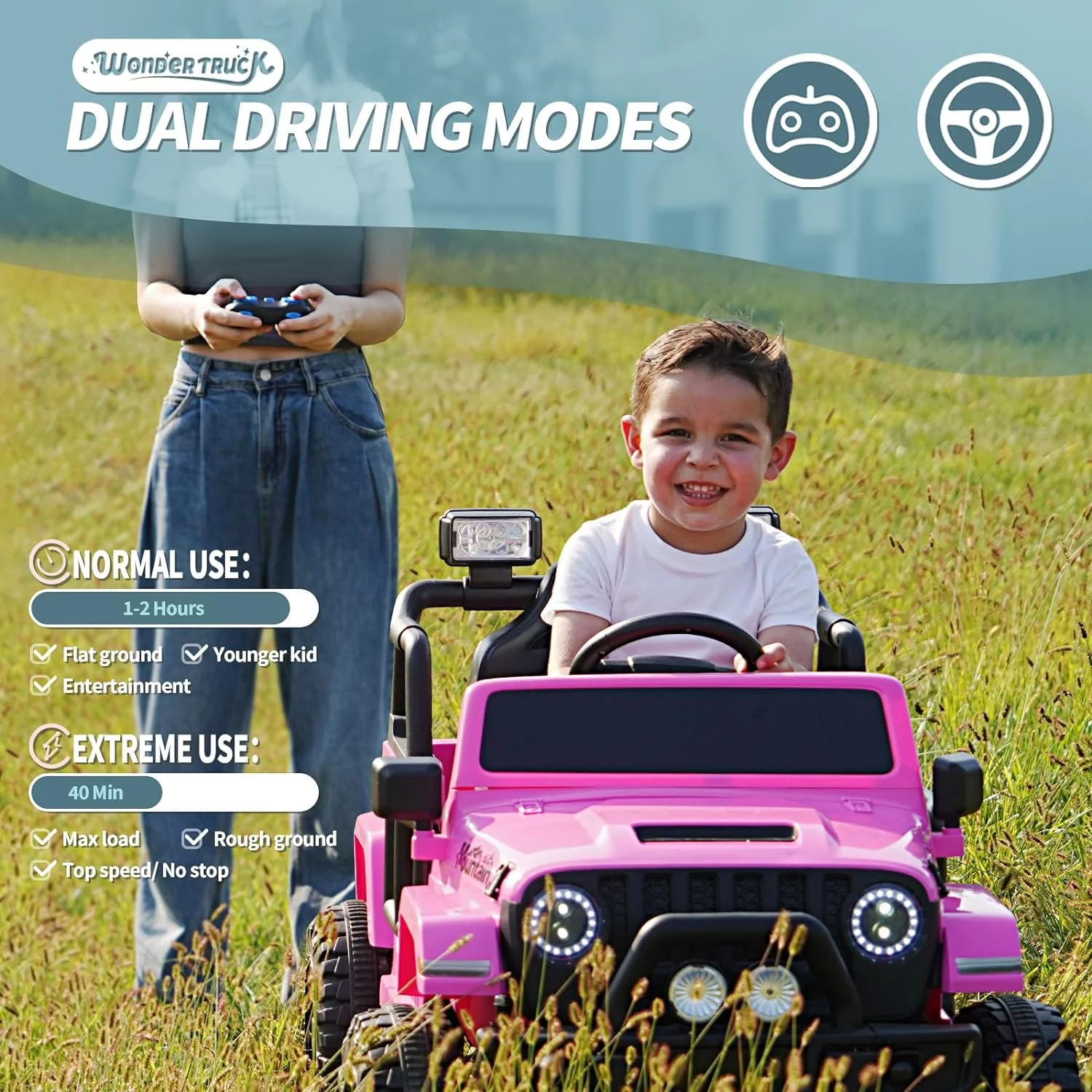 Joywhale 12V Kids Ride on Truck Battery Powered Motorized Car Electric Vehicle for Kids, with Remote Control, 4-Wheel Suspension, LED Lights, Music & FM, Seat Belt, Portable Handle, Pink - Curated Treasures Market