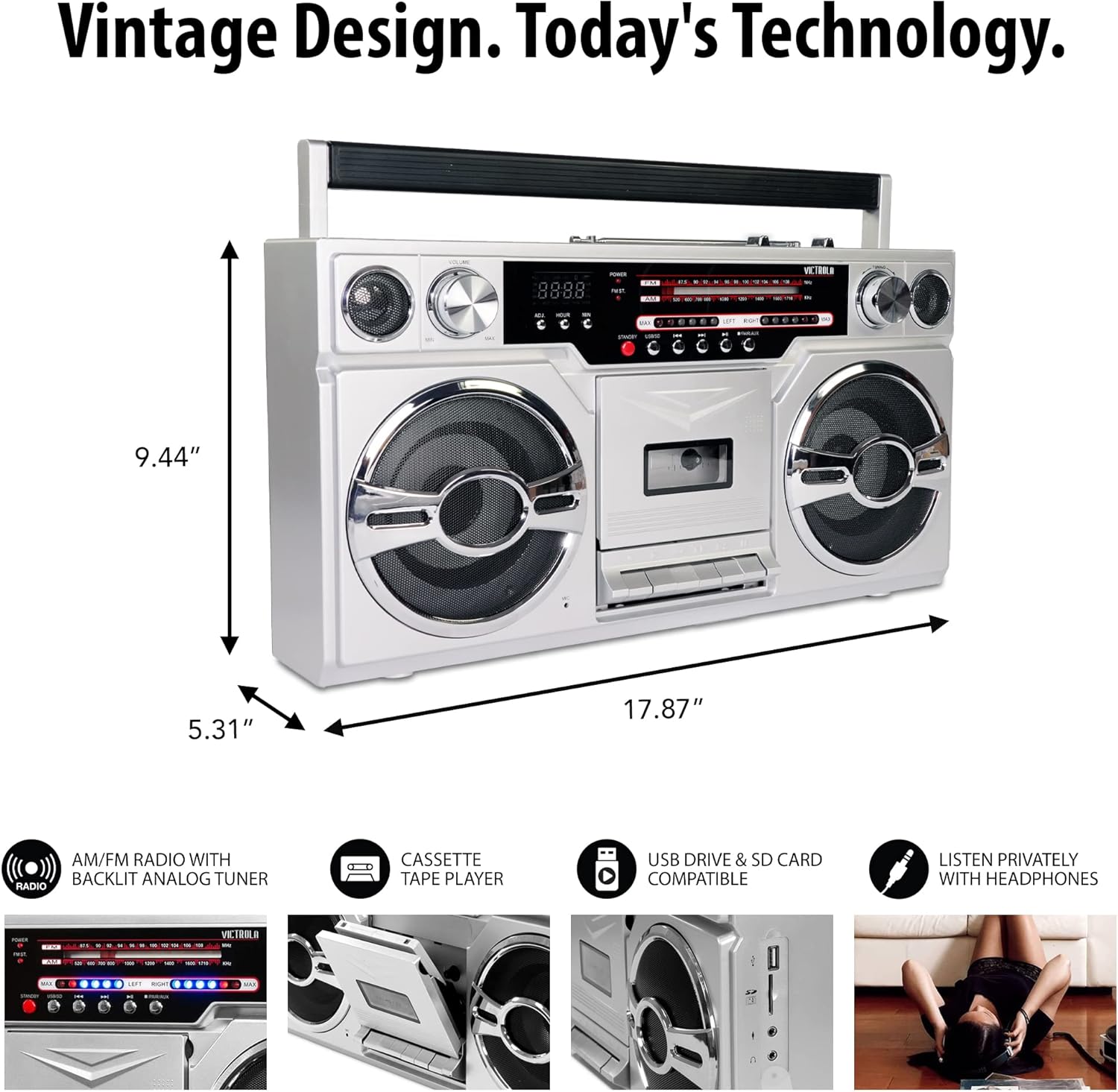 Victrola 1980s Retro Bluetooth Boombox with Cassette Player and AM/FM Radio, Wired and Wireless Streaming, Classic 80s Style with Modern Technology, Silver
