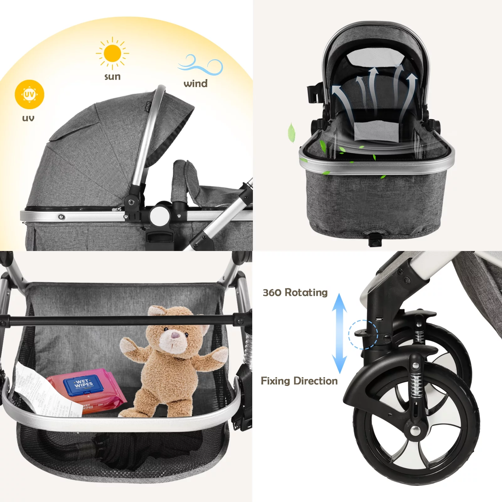 AILEEKISS 3 in 1 Baby Stroller Reversible Newborn Bassinet Stroller & Unisex Infant Carriage, Grey
