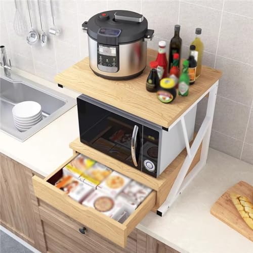 FUYAO Countertop 2 Tier Wooden Microwave Stand Shelf with Drawer Kitchen Storage Shelf Organizer Rack Home Office Storage Stand Rack for Printer and Microwave