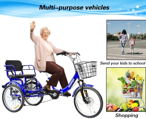 Adult Tricycle 7 Speed, 20 Inch 3 Wheel Bikes Folding Tricycle for Adults,for Women/Men/Seniors, Fork Shock Absorption Wheel Cruiser Bike w/Front&Rear Basket for Shopping/Children