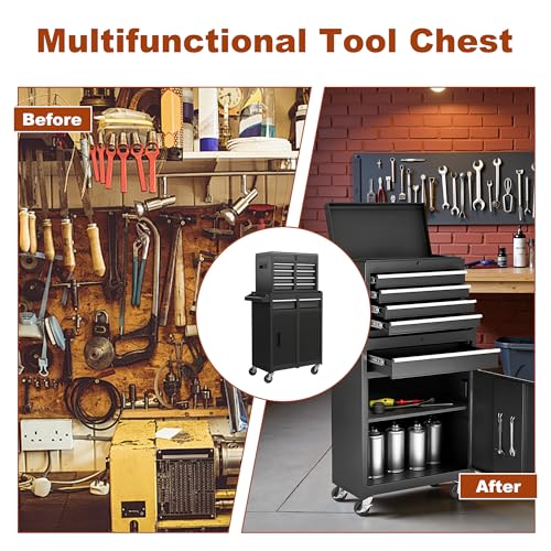 Rolling Tool Chest 5 Drawers Tool Box Garage Storage Cabinet Steel Frame 2 in 1 Tool Cart with Universal Lockable Wheels, Detachable Top and Adjustable Shelf for Garage, Black