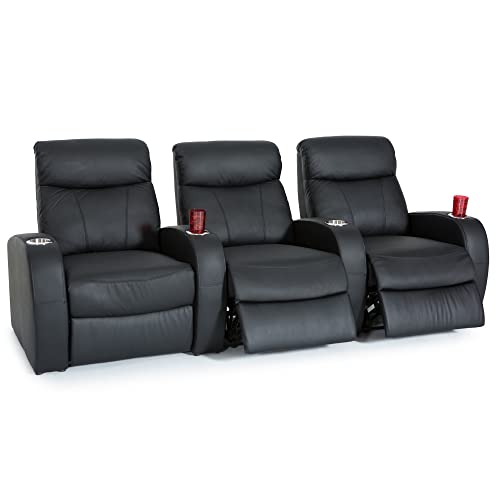 Seatcraft Rialto Home Theater Seating, Top Grain Leather, Living Room, Powered Recline, Black Cupholders, Row of 3, Black