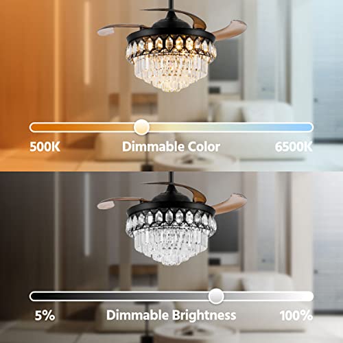 48" Black Chandelier Ceiling Fan with Lights and Remote Control Retractable Modern Fandelier Ceiling Fan with Light 6-Speed LED Dimmable Crystal Ceiling Fan Invisible for Bedroom Living Room