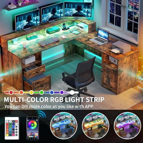 YITAHOME L Shaped Desk with Power Outlets & LED Lights, 60” Computer Desk with Drawers & Lift Top, Home Office Desk with Monitor Stand, Height Adjustable Desk with File Cabinet, Grey
