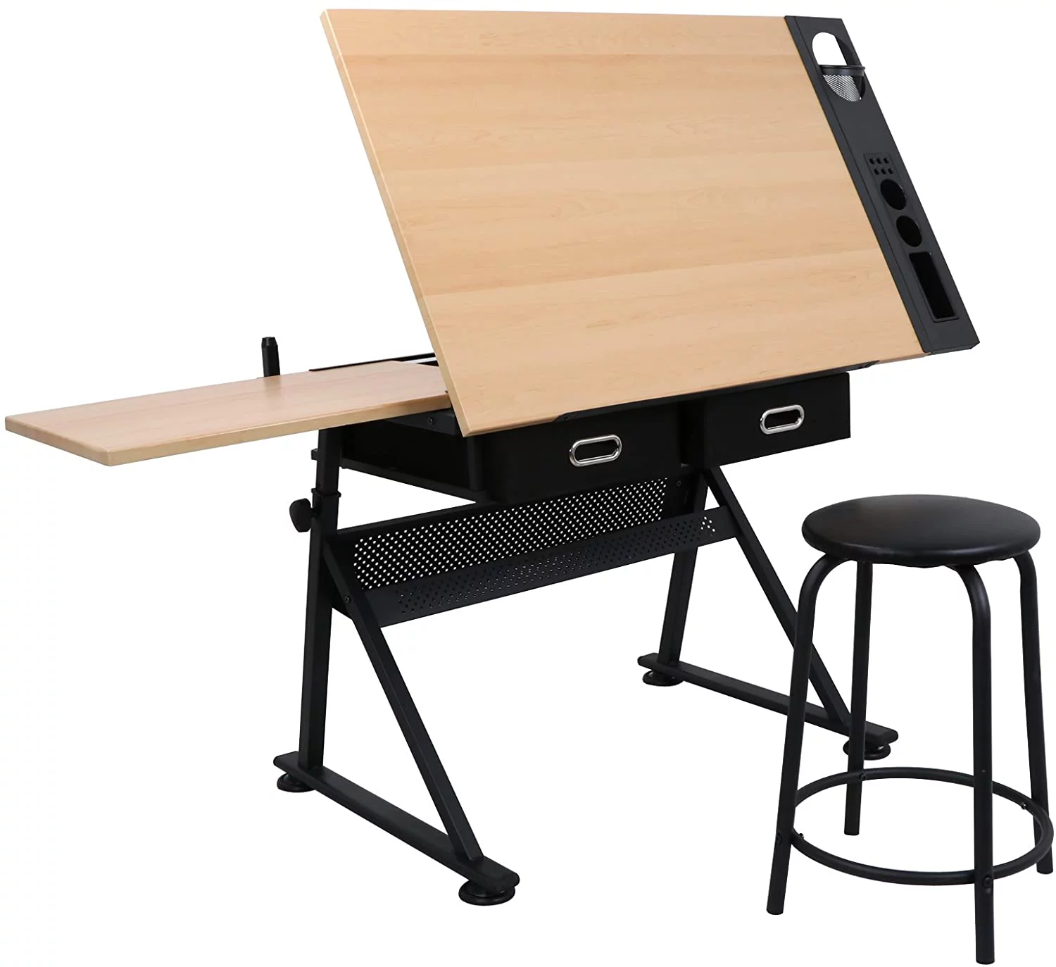 MDF Drafting Table Desk Art&Craft Work Station Drawing Desk Height Adjustable Craft Table w/Stool and 2 Storage Drawers for Home Office School Study Room
