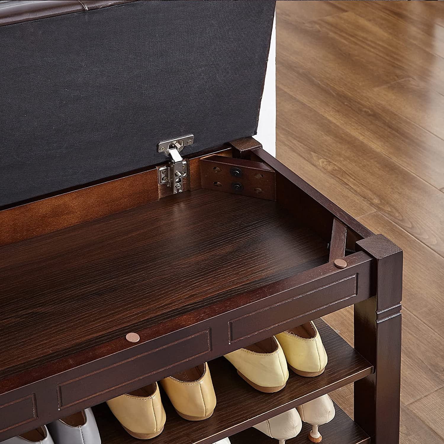 Shoe Storage Bench with Cushion, Entry Bench with Storage Solid Wood Shoe Bench Ideal for Entryway Living Room and Corridor (Brown, 31.5'')