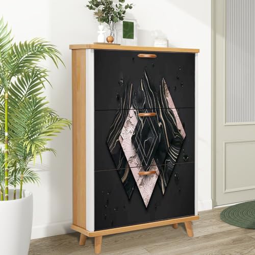 Shoe Cabinet with 3 Flip Drawers Pastel colors Luxury art Eastern style Golden swirl artistic Wooden Shoe Storage Cabinet Boho Freestanding Hidden Shoe Rack Slim Shoe Organizer for Entryway
