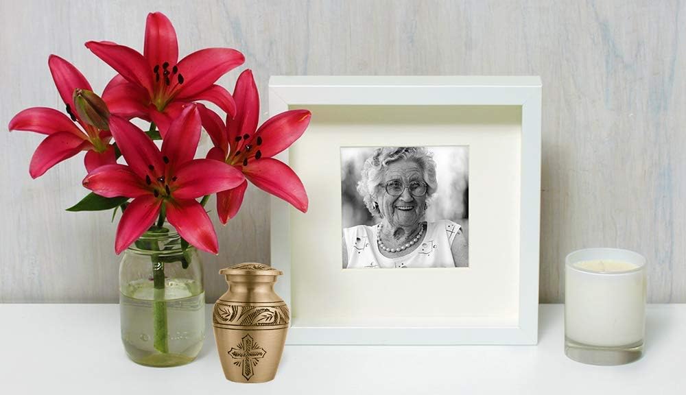 Trupoint Memorials Cremation Urns for Adult - Holds 0.75 Lbs. Per Mini Urn, 2.75" x 1.75" Mini Cremation Urns, Keepsake Burial Urns with Case & Bags - Cross Bronze.