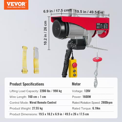 VEVOR Electric Hoist, 2200LBS Electric Winch, Steel Electric Lift, 110V Electric Hoist with Remote Control & Single/Double Slings for Lifting in Factories, Warehouses, Construction Site, Mine Filed