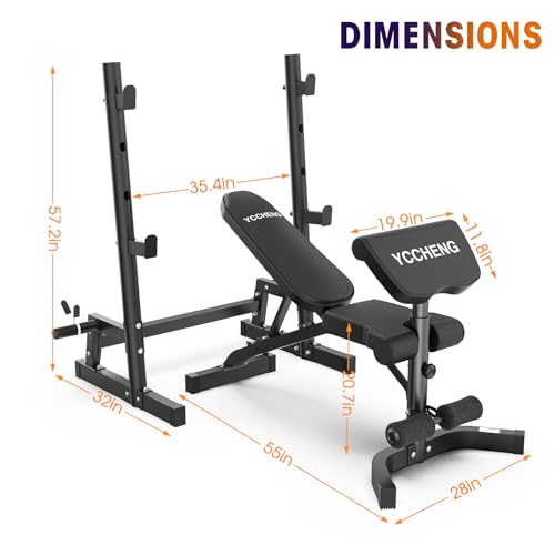 Muti-functional Adjustable Weight Bench/Workout Bench with Barbell Rack Set for Home Gym, Upright Incline Flat Exercise Benches with Preacher Pad