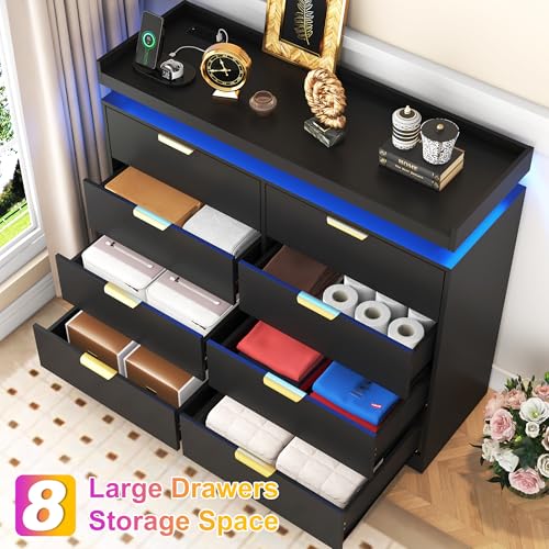 White Dresser with LED Lights, Wooden LED Dresser, 4 Drawer Chest with Charging Station, Tall Chest of Drawer Closet Organizer for Bedroom, Living Room, Entryway, Hallway