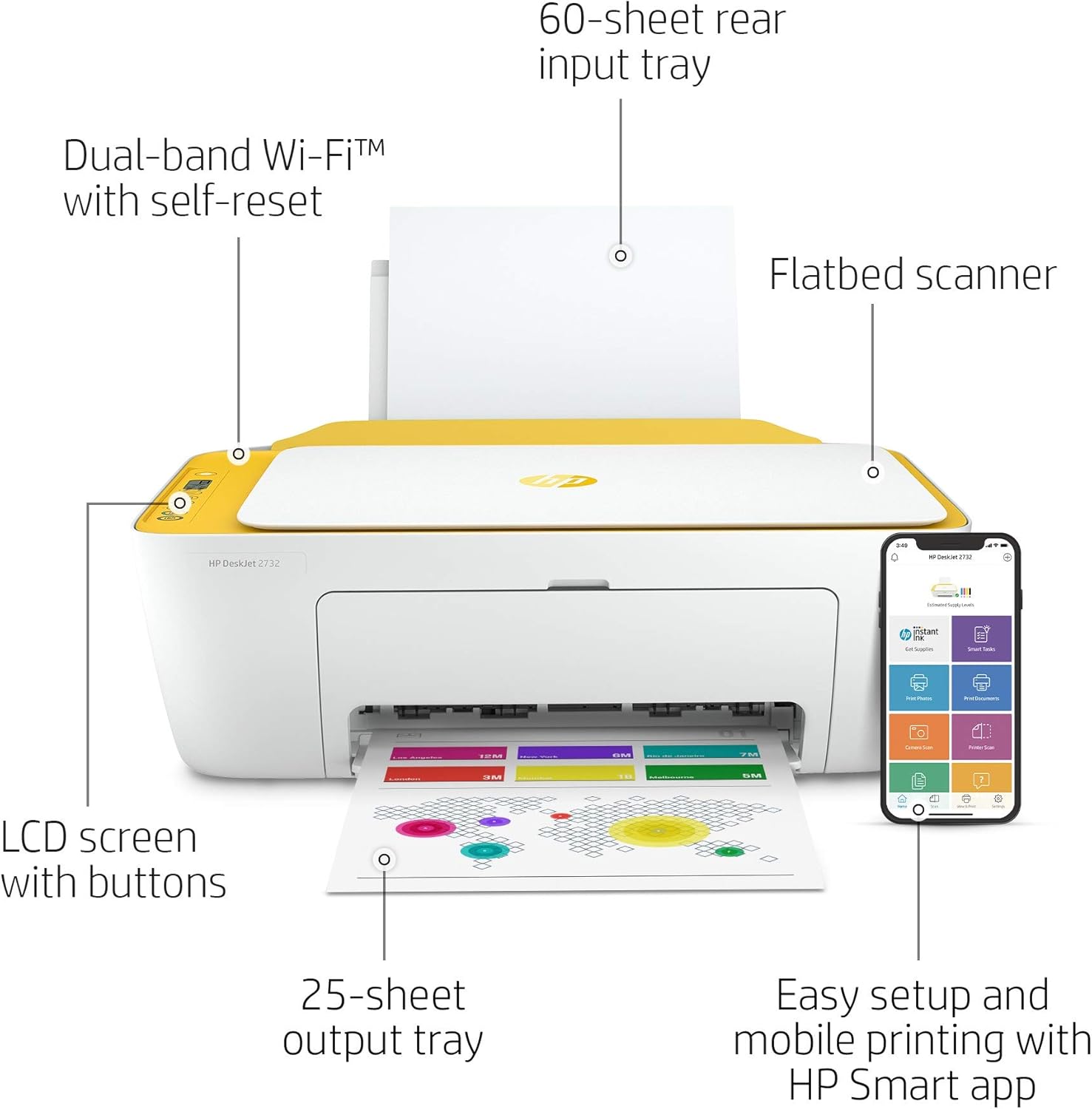 HP DeskJet 2732 Wireless All-in-One Compact Color Inkjet Printer - Instant Ink Ready, Marigold 5AR85A (Renewed) Pack of 2