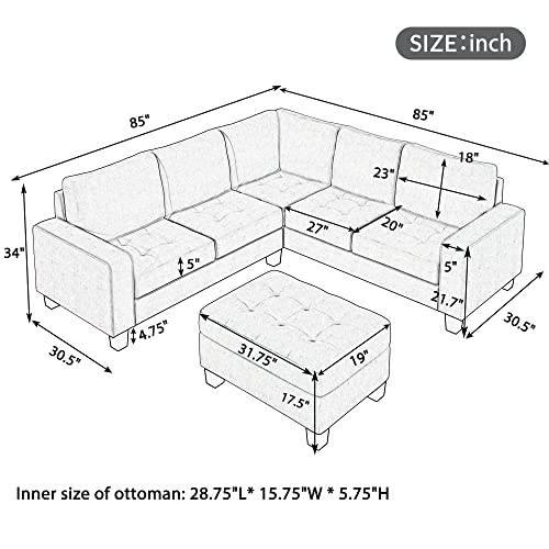 Sectional Corner Sofa L-Shape Couch Space Saving with Storage Ottoman & Cup Holders Design for Large Space Dorm Apartment,Light Grey Living Room Sectionals