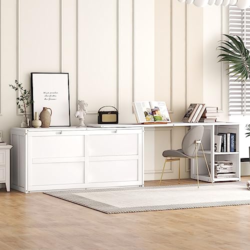 Murphy Bed with Storage Drawer, Easy Fold Wood Murphy Bed Queen with Side Little Shelves, Modern Murphy Bed Cabinet w/Rotable Desk for Guest Room Home Office, Gray