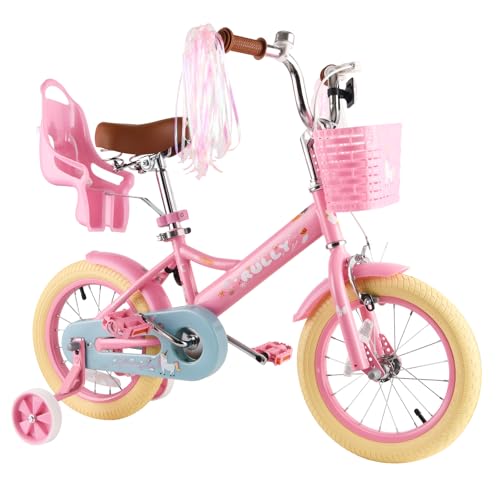 RULLY Kids Bike 12 14 16 inch for 2-7 Years Girls with Training Wheels & Front Handbrake, Kids Bicycle with Basket Bike Streamers Toddler Cycle Bikes