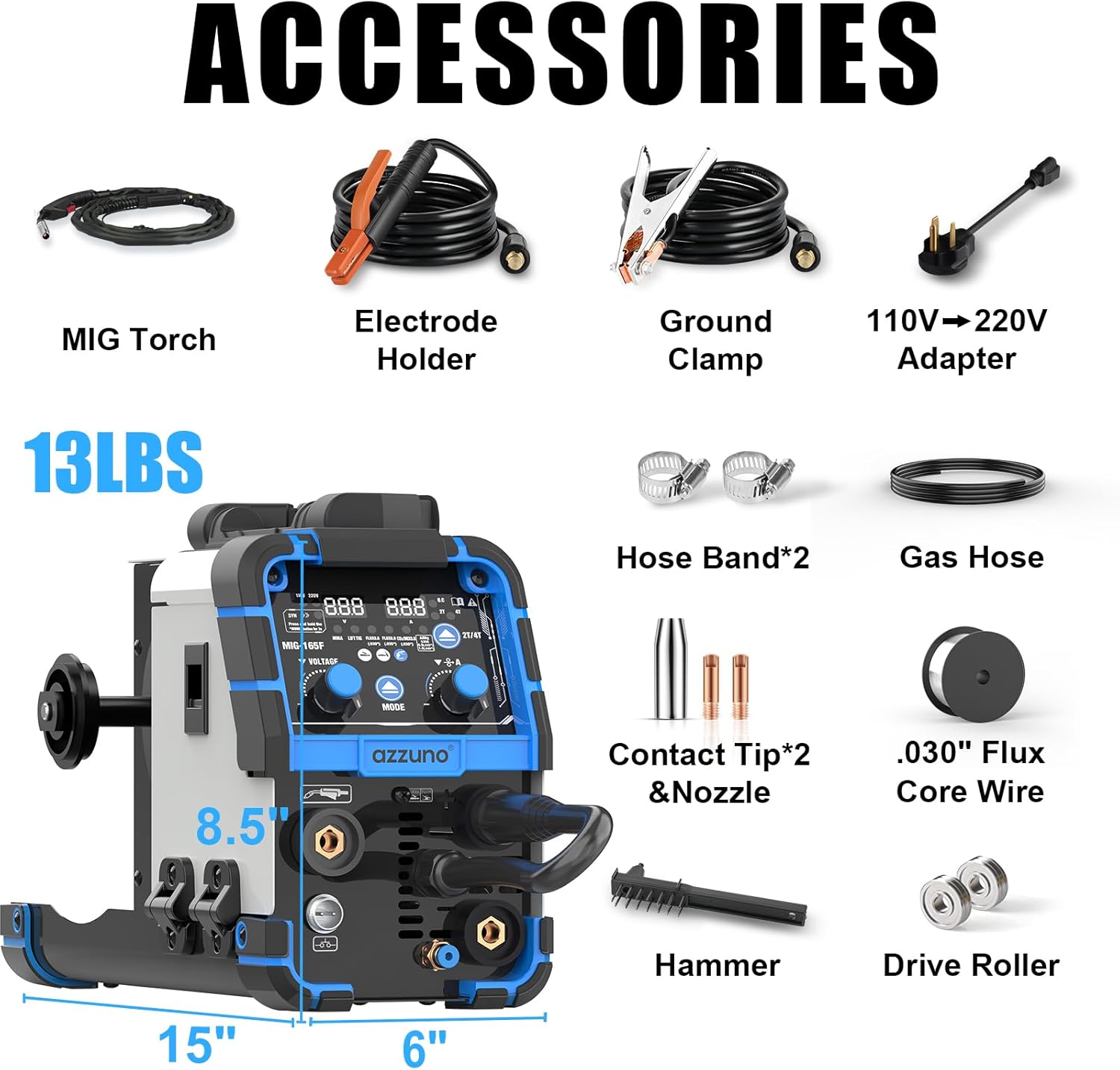 AZZUNO Aluminum MIG Welder 165Amp, Dual Vlotage 110V/220V 5-in-1 Welder Machine Gasless MIG/Gas MAG/Aluminum MIG/Stick/Lift TIG Welding with Semi-enclosed Structure