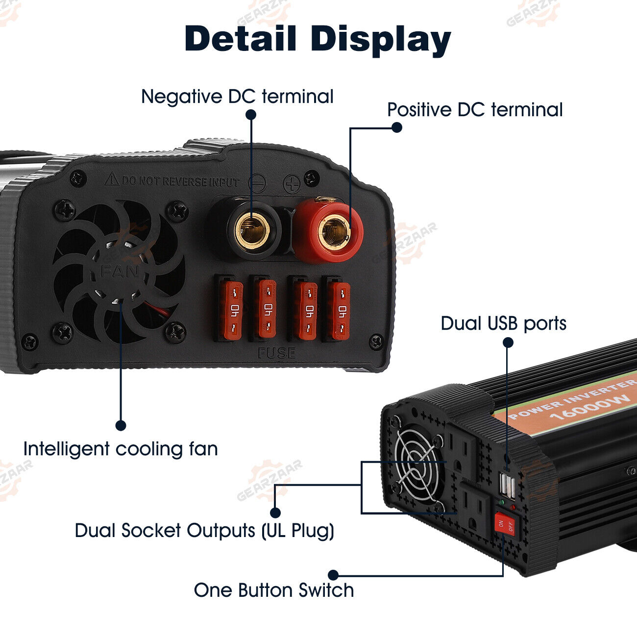 16000W(Peak) Car Power Inverter DC 12V to AC 110/120V Pure Sine Wave Converter