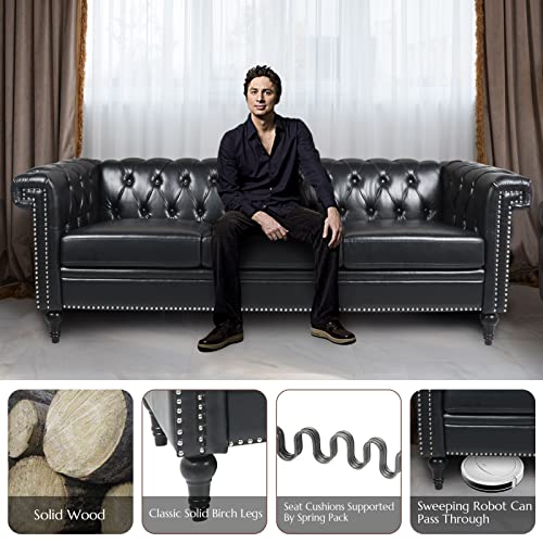 Chesterfield Velvet Sofas for Living Room, Traditional Square Arm 3-Seater Sofa 82.5" Couch Deep Button Nailhead Tufted Blue Upholstered Couches Removable Cushion Easy to Assemble