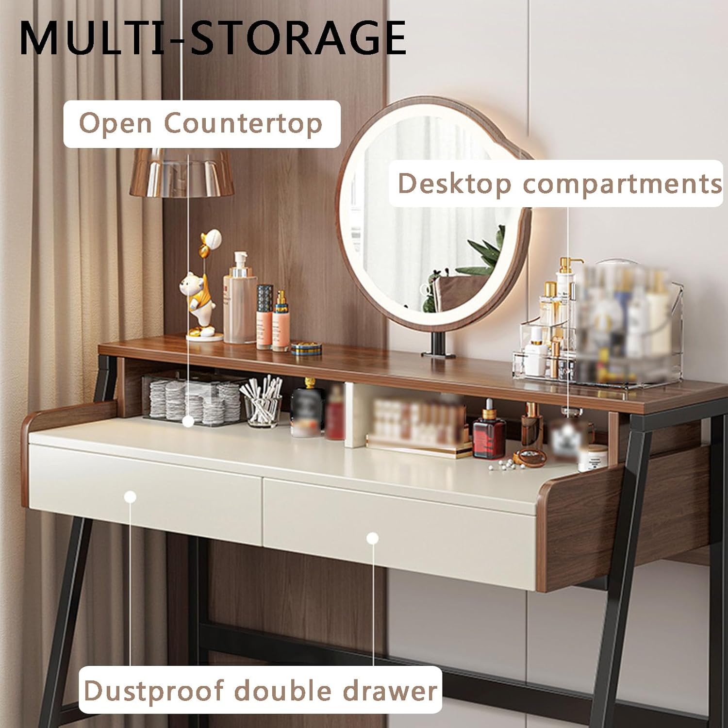 Solid Wood Vanity Set, Makeup Dressing Table 3-Color Dimmable Lighted Mirror vanities with 2 Drawers Home Office Desk for Women Girls