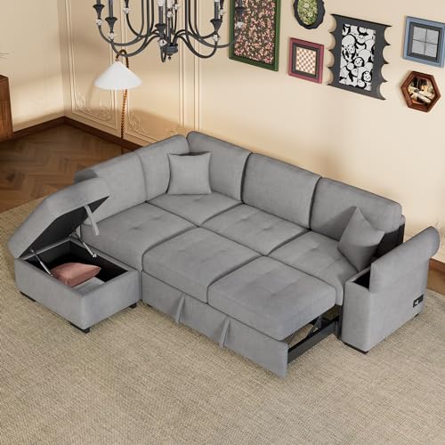 Folding Sleeper Living Room,Modular Sectional Pull, L-Shape Couch Corner Sofa-Bed Ottoman & Hidden Arm Storage & USB Charge,Dark Gray