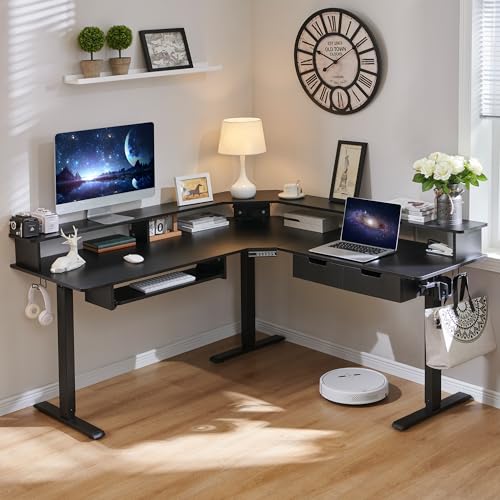 RedLemon 60 Inches L Shaped Electric Standing Desk,Height Adjustable Corner Gaming Desk with Drawers, Keyboard Tray, Power Outlets & LED Lights, Comnputer Desk with Monitor Shelf, Dark Rustic Oak