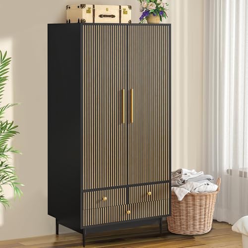 Armoire Wardrobe Closet with 2 Fluted Doors,64.96" Wooden Clothes Storage Cabinet with Hanging Rod and Shelf Storage,Wardrobe Cabinet with 3 Drawers,Freestanding Closet for Bedroom,White