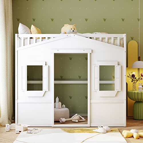 Full House Loft Bed Frame for Kids, Wood Full Loft Bed with Windows and Guardrail, Playhouse Bed, Full Size Loft Bed for Boys & Girls, No Box Spring Needed, Underbed Height is 51 Inches, White