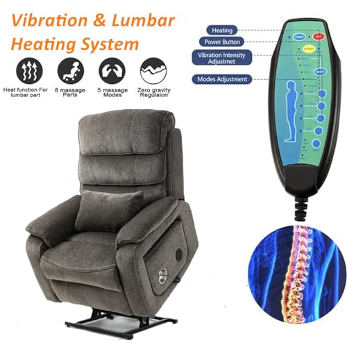 Light Grey Recliner Chair for Elderly | Tall and Big Man 400lbs | Chenille | Power Lift, Lay Flat, Stand Up, Wireless Charging Device, Extended Footrest, Massage Heat, Cup Holder, Lumbar Pillow