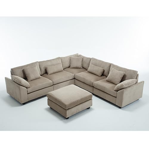 110.6"*110.6" Oversized Corner Modular Sectional Sofa Set, Modern L-Shaped Couch with Movable Ottoman and 7 Pillows, Comfy Corduroy Fabric Deep Seat 6 Seater Cloud Couch for Living Room (Beige)