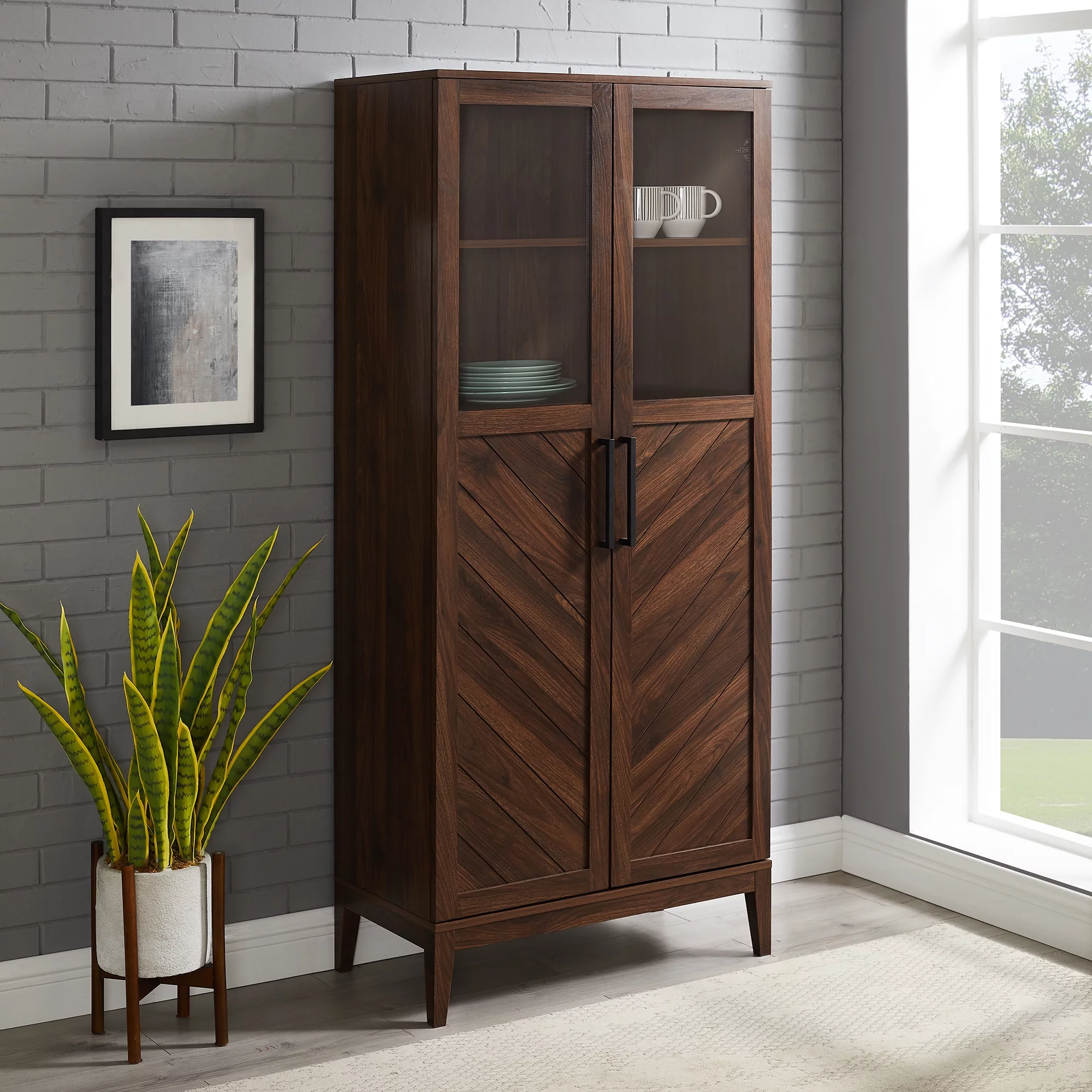 Walker Edison Mid Century 2-Door Chevron Bar Storage Cabinet, Dark Walnut