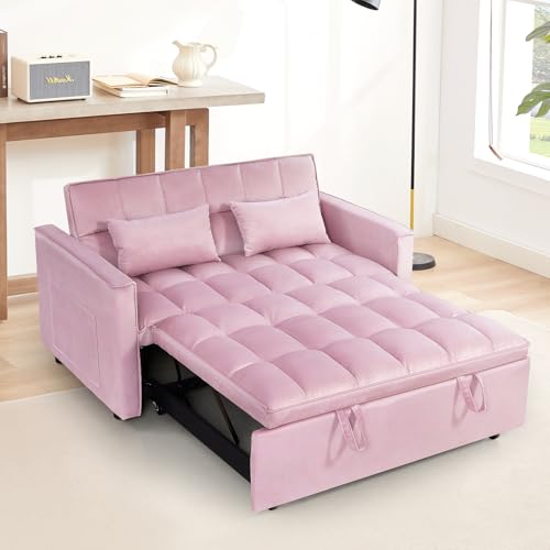 3 in 1 Convertible Sleeper Sofa Bed,Futon Loveseat Couch with Pull-Out Bed & Adjustable Backrest,Velvet Fabric Sofa with Side Pocket for Small Apartment, Living Room, Office (Black)