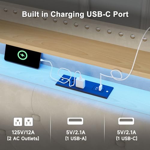 King Size Bed Frame with LED lights & USB Charging Station, Velvet Upholstered Platform Bed with Storage Headboard and 4 Drawers, No Box Spring Needed, Easy Assembly, Beige