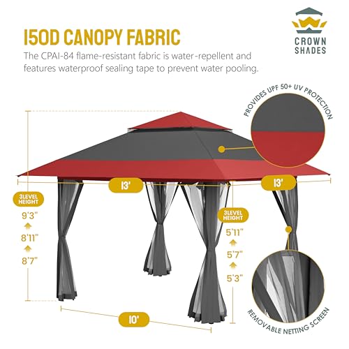 CROWN SHADES 13x13 Pop Up Gazebo, Canopy Tent, Gazebos on Clearance - Outdoor Gazebo for Backyard & Patio Furniture - Carpa Pop Up Tent with Wheeled STO-N-Go Cover Bag (Grey)