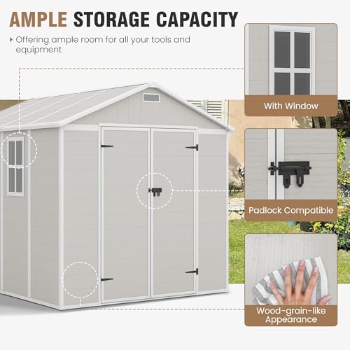 Outdoor Storage Shed, 6x6 FT Resin Shed with Floor and Lockable Door, Window, Vents, Tool Sheds and Outdoor Storage for Bike, Garden Accessories, Tools, Waterproof (Grey & White)