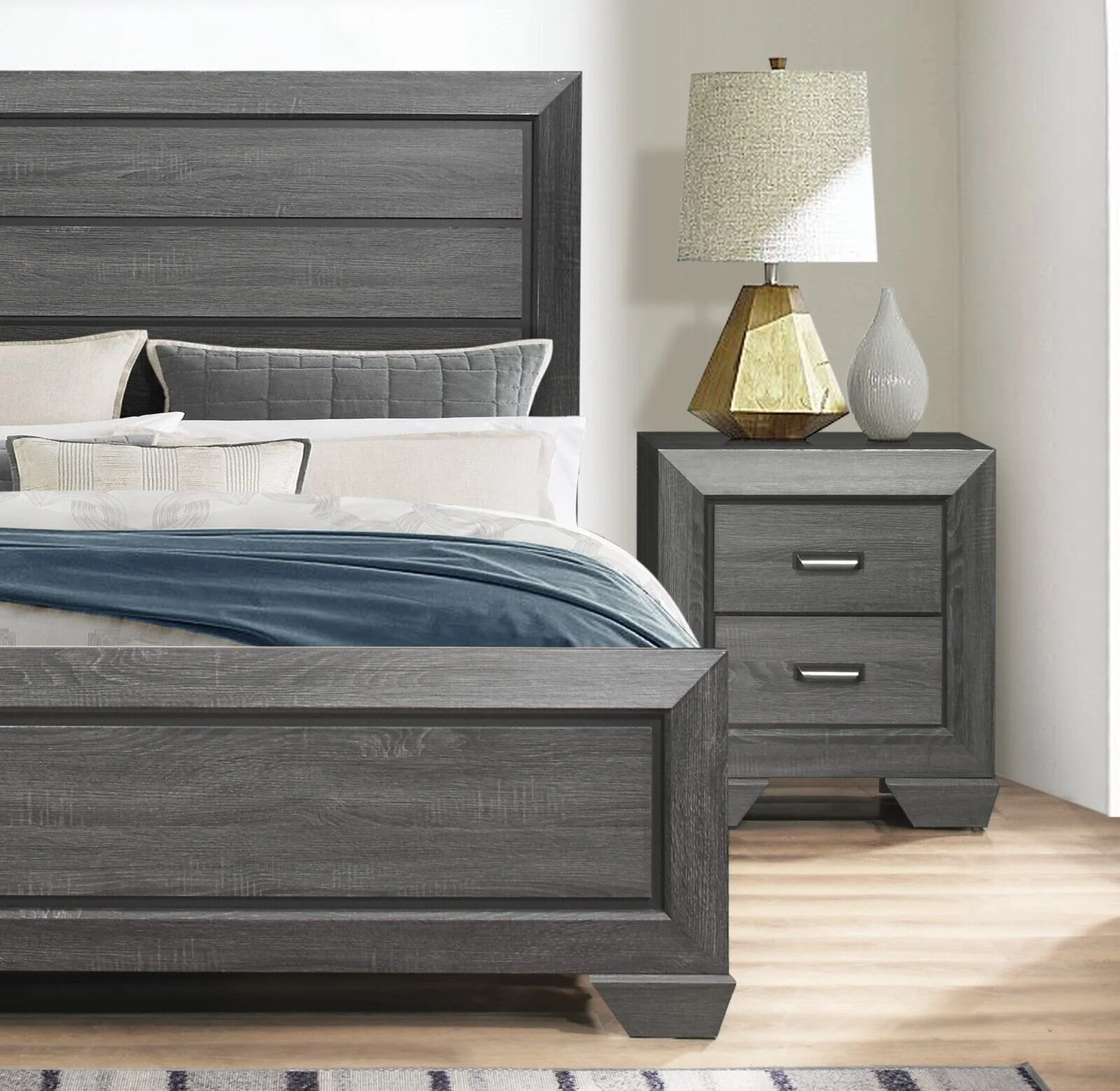 Contemporary 5pc Queen Size Bedroom Set Gray Finish Bed Dresser Mirror Nightstand Wooden Bedroom Furniture