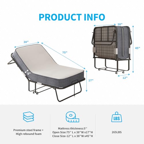 Mjkone Folding Bed with 5 Inch Memory Foam Mattress, Single Rollaway Bed for Guests, Space Saving Portable Bed with Lockable Wheels, Easy Assembly & Moving, 75 x 46 (Upgraded)