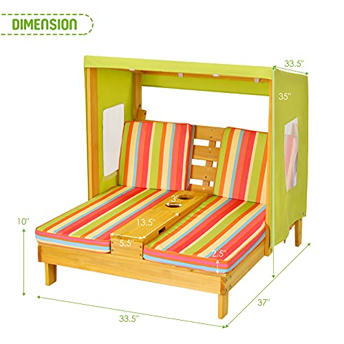 KOTEK Kids Lounge Chair Outdoor, Wood Double Chaise Lounge with Cup Holders, Removable Canopy & Stripped Fabric Cushions, Pool Kids Patio Furniture Cabana Lounger for Toddlers & Pets (Green+Orange)