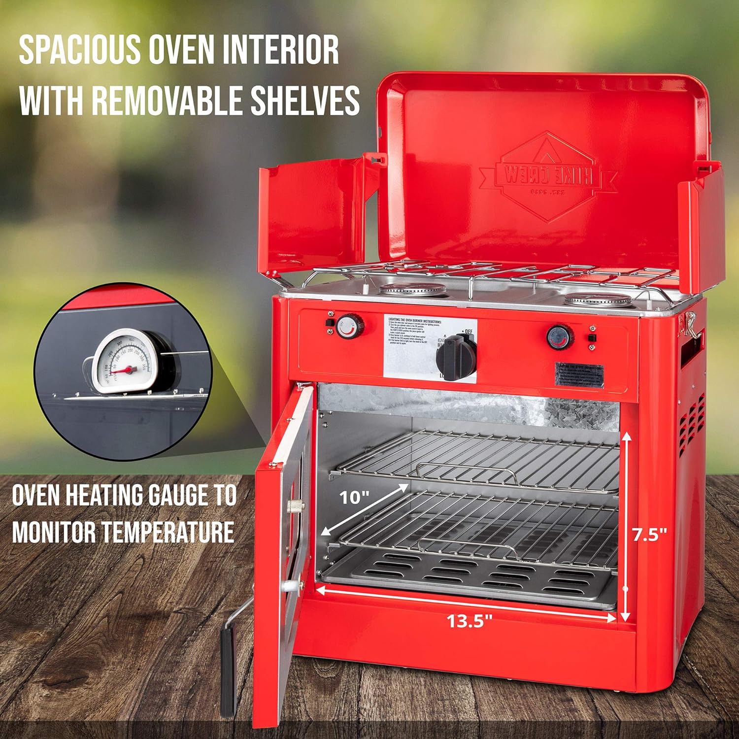 Hike Crew Outdoor Gas Camping Oven w/Carry Bag | 2-in-1 Portable Propane-Powered Stovetop & Oven w/ 2-Burner Cooktop Range, Auto Ignition, Overheat Safety Shutoff, Built-In Thermometer, Hose Regulator