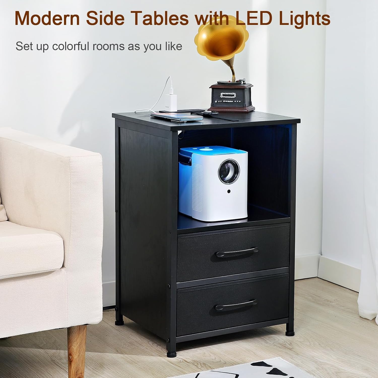 Nightstand Set of 2, Black Night Stand with Charging Station