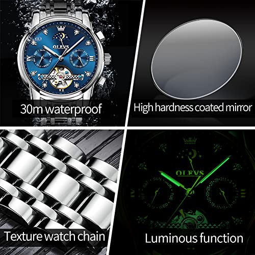 OLEVS Automatic Watches for Men Diamond Luxury Dress Tourbillion Moon Phase Two Tone Stainless Steel Luminous Waterproof Men Wrist Watch