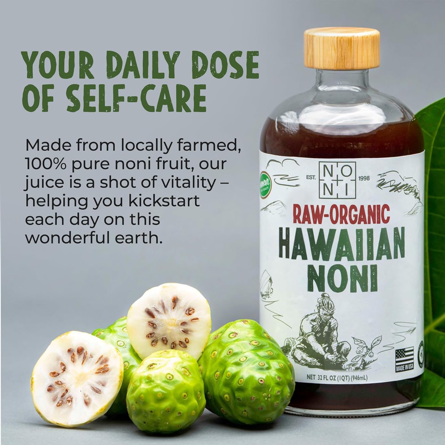Healing Noni - 4-Pack Glass Bottle 32oz - 100% Pure Hawaiian Raw-Organic Juice - All-Natural Unsweetened Fresh Fruit - Farm Direct - USDA Certified