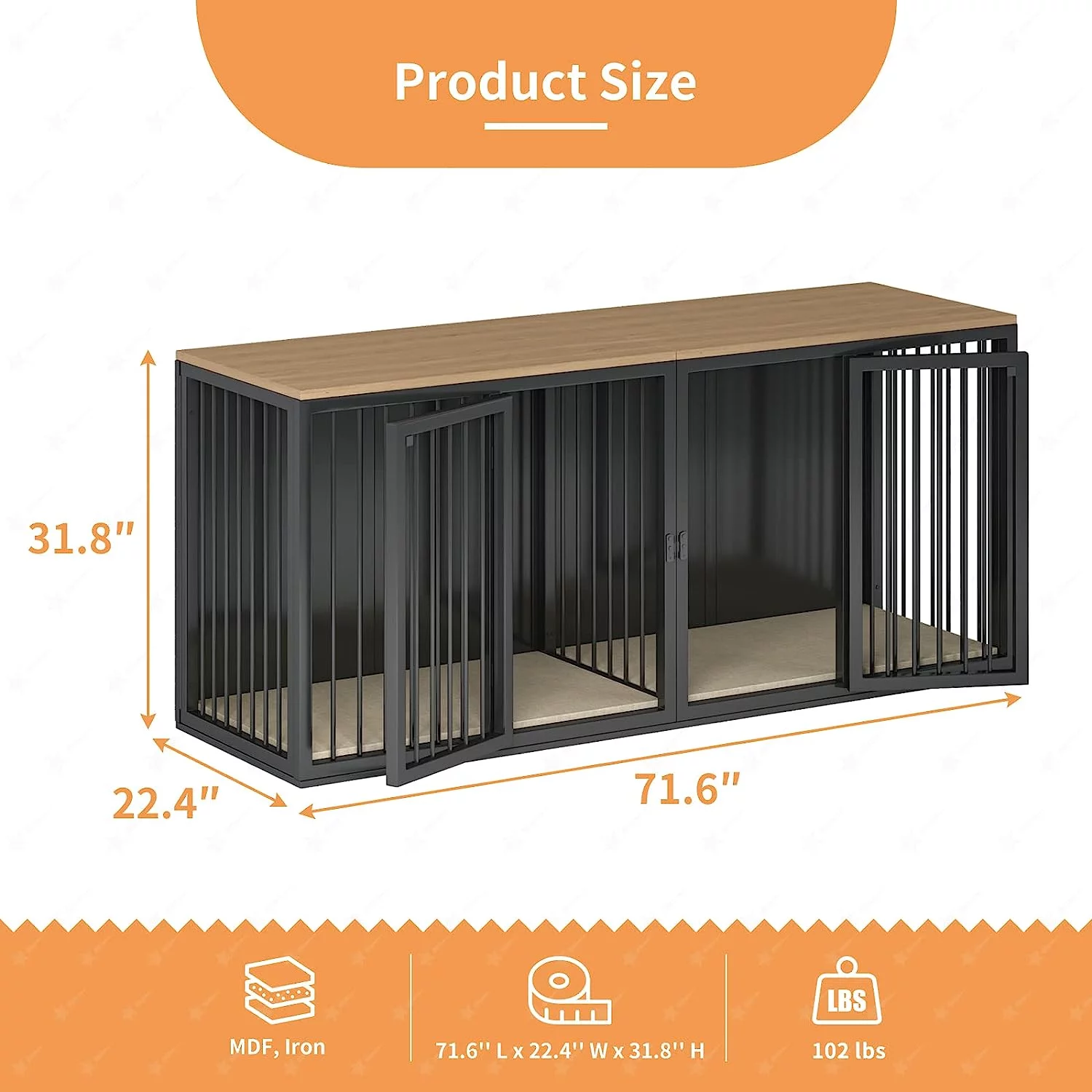 Cuoote Dog Crate Furniture for 2 Dogs, Large Kennel Furniture with Partition and Double Cage, 71.6" All-Steel Frame and Wooden Top Kennel, Suitable for Medium and Large Dogs (Black)