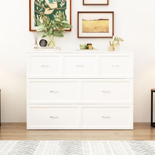 MOUMON Queen Size Murphy Bed with Charging Station, Murphy Bed Cabinet with 1 Drawer, Murphy Bed Queen Murphy Bed Chest with Black Handles, for Office Bedroom White (81.5”W x 61.8”D x 40.9”H)