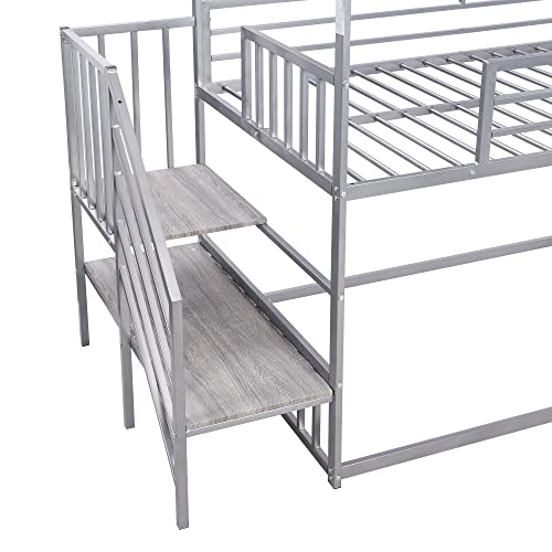 Twin Over Twin Bunk Bed with Slide, Metal Bunk Bed with Storage Staircase and House Roof, Twin Size Low Bunk Bed Frame for Kids Teens Boys Girls, Space Saving, No Box Spring Needed, Sliver
